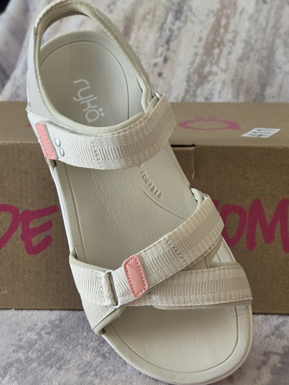 Ryka Savannah 2 Girls Beige Oatmeal Sandals with Pink Accents